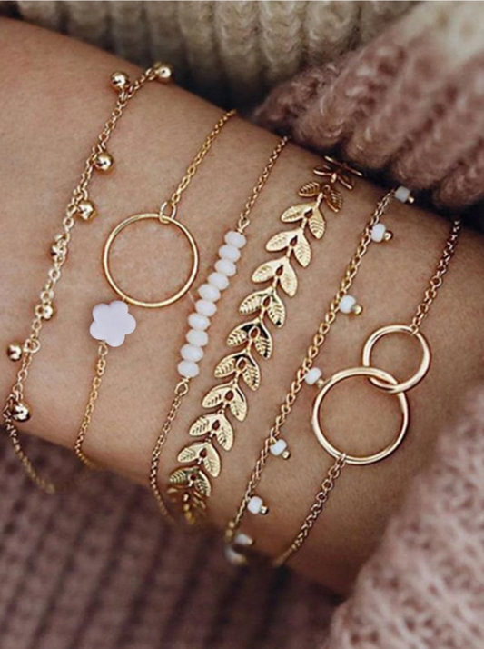 6 pièces/set Set De Bracelets À Franges , Perle , Feuille , Design Géométrique Pour Femme